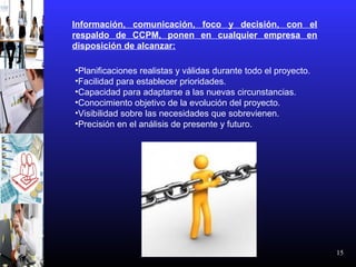 15
Información, comunicación, foco y decisión, con el
respaldo de CCPM, ponen en cualquier empresa en
disposición de alcanzar:
•Planificaciones realistas y válidas durante todo el proyecto.
•Facilidad para establecer prioridades.
•Capacidad para adaptarse a las nuevas circunstancias.
•Conocimiento objetivo de la evolución del proyecto.
•Visibilidad sobre las necesidades que sobrevienen.
•Precisión en el análisis de presente y futuro.
 