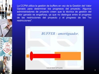 4
La CCPM utiliza la gestión de buffers en vez de la Gestión del Valor
Ganado para determinar los progresos del proyecto. Algunos
administradores de proyecto creen que la técnica de gestión del
valor ganado es engañosa, ya que no distingue entre el progreso
de las restricciones del proyecto y el progreso de las "no
restricciones".
 