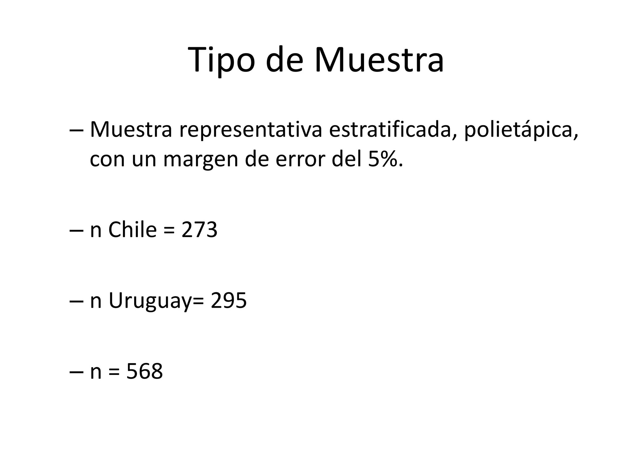 Tipo de Muestra
– Muestra representativa estratificada, polietápica,
con un margen de error del 5%.
– n Chile = 273
– n Uruguay= 295
– n = 568
 
