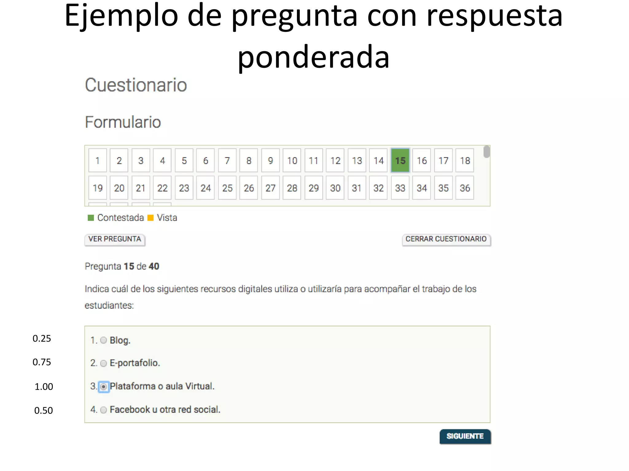Ejemplo de pregunta con respuesta
ponderada
1.00
0.25
0.75
0.50
 
