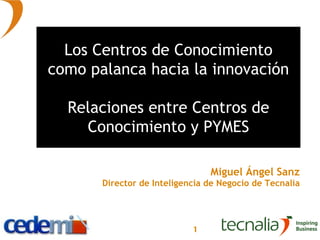 Miguel Ángel Sanz Director de Inteligencia de Negocio de Tecnalia Los Centros de Conocimiento como palanca hacia la innovación Relaciones entre Centros de Conocimiento y PYMES 
