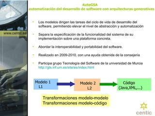 AutoGSA  automatización del desarrollo de software con arquitecturas generativas   Los modelos dirigen las tareas del ciclo de vida de desarrollo del software, permitiendo elevar el nivel de abstracción y automatización Separa la especificación de la funcionalidad del sistema de su implementación sobre una plataforma concreta. Abordar la interoperabilidad y portabilidad del software. Realizado en 2009-2010, con una ayuda obtenida de la consejería Participa grupo Tecnología del Software de la universidad de Murcia  http://gts.inf.um.es/site/es/index.html Modelo 1 L1 Modelo 2 L2 Código (Java,XML,...) Transformaciones modelo-modelo Transformaciones modelo-código 