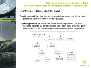 Actuación sobre la promoción de modelos  de Calidad de Software en la Región de Murcia   – Impulso CMMI COMPONENTES DEL MODELO CMMI Objetivo específico : describe las características únicas que deben estar presentes para satisfacer el área de proceso. Objetivo genérico : se aplica a múltiples áreas de proceso. Una meta genérica describe las características que deben estar presentes para institucionalizar los procesos que implementar una área de proceso.   