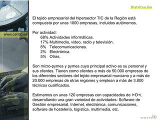 El tejido empresarial del hipersector TIC de la Región está compuesto por unas 1000 empresas, incluidos autónomos.  Por actividad: 68% Actividades informáticas. 17% Multimedia, video, radio y televisión. 8%  Telecomunicaciones. 2%  Electrónica. 5%  Otras. Son micro-pymes y pymes cuyo principal activo es su personal y sus clientes. Tienen como clientes a más de 50.000 empresas de los diferentes sectores del tejido empresarial murciano y a más de 20.000 empresas de otras regiones y emplean a más de 3.800 técnicos cualificados. Estimamos en unas 120 empresas con capacidades de I+D+i, desarrollando una gran variedad de actividades: Software de Gestión empresarial, Internet, electrónica, comunicaciones, software de hostelería, logística, multimedia, etc. Distribución 