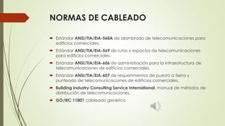 NORMAS DE CABLEADO 
 Estándar ANSI/TIA/EIA-568A de alambrado de telecomunicaciones para 
edificios comerciales. 
 Estándar ANSI/TIA/EIA-569 de rutas y espacios de telecomunicaciones 
para edificios comerciales. 
 Estándar ANSI/TIA/EIA-606 de administración para la infraestructura de 
telecomunicaciones de edificios comerciales. 
 Estándar ANSI/TIA/EIA-607 de requerimientos de puesta a tierra y 
punteado de telecomunicaciones de edificios comerciales. 
 Building Industry Consulting Service International, manual de métodos de 
distribución de telecomunicaciones. 
 ISO/IEC 11801 cableado genérico 
 