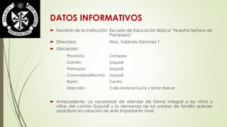 DATOS INFORMATIVOS 
 Nombre de la institución: Escuela de Educación Básica “Nuestra Señora de 
Pompeya” 
 Directora: Hna. Yolanda Sánchez T. 
 Ubicación: 
Provincia: Cotopaxi 
Cantón: Saquisilí 
Parroquia: Saquisilí 
Comunidad/Recinto: Saquisilí 
Barrio: Centro 
Dirección: Calle Mariscal Sucre y Simón Bolívar 
 Antecedente: La necesidad de atender de forma integral a los niños y 
niñas del cantón Saquisilí y la demanda de los padres de familia quienes 
aspiraban la creación de este importante nivel. 
 