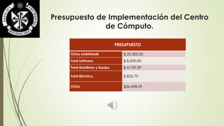 Presupuesto de Implementación del Centro 
de Cómputo. 
PRESUPUESTO 
TOTAL HARDWARE $ 20,300.00 
Total Software. $ 8,600.00 
Total Mobiliario y Equipo. $ 4,759.39 
Total Eléctrico. $ 835.70 
TOTAL $34,498.09 
 