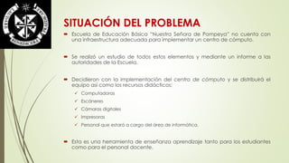 SITUACIÓN DEL PROBLEMA 
 Escuela de Educación Básica “Nuestra Señora de Pompeya” no cuenta con 
una infraestructura adecuada para implementar un centro de cómputo. 
 Se realizó un estudio de todos estos elementos y mediante un informe a las 
autoridades de la Escuela. 
 Decidieron con la implementación del centro de cómputo y se distribuirá el 
equipo así como los recursos didácticos: 
 Computadoras 
 Escáneres 
 Cámaras digitales 
 Impresoras 
 Personal que estará a cargo del área de informática. 
 Esta es una herramienta de enseñanza aprendizaje tanto para los estudiantes 
como para el personal docente. 
 