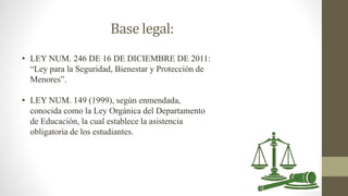 Base legal:
• LEY NUM. 246 DE 16 DE DICIEMBRE DE 2011:
“Ley para la Seguridad, Bienestar y Protección de
Menores”.
• LEY NUM. 149 (1999), según enmendada,
conocida como la Ley Orgánica del Departamento
de Educación, la cual establece la asistencia
obligatoria de los estudiantes.
 
