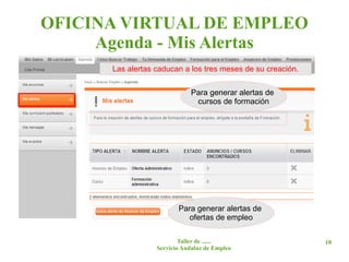 OFICINA VIRTUAL DE EMPLEO
     Agenda - Mis Alertas
      Las alertas caducan a los tres meses de su creación.

                              Para generar alertas de
                               cursos de formación




                         Para generar alertas de
                            ofertas de empleo

                          Taller de ......                   10
                  Servicio Andaluz de Empleo
 