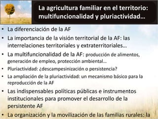 La agricultura familiar en el territorio: 
multifuncionalidad y pluriactividad… 
• La diferenciación de la AF 
• La importancia de la visión territorial de la AF: las 
interrelaciones territoriales y extraterritoriales… 
• La multifuncionalidad de la AF: producción de alimentos, 
generación de empleo, protección ambiental… 
• Pluriactividad: ¿descampesinización o persistencia? 
• La ampliación de la pluriactividad: un mecanismo básico para la 
reproducción de la AF 
• Las indispensables políticas públicas e instrumentos 
institucionales para promover el desarrollo de la 
persistente AF 
• La organización y la movilización de las familias rurales: la 
 