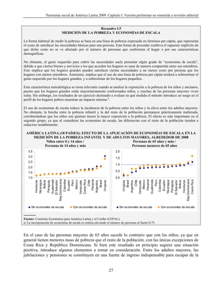 Panorama social de América Latina 2009. Capítulo I. Versión preliminar no sometida a revisión editorial


                                              Recuadro I.5
                            MEDICIÓN DE LA POBREZA Y ECONOMÍAS DE ESCALA

La forma habitual de medir la pobreza se basa en una línea de pobreza expresada en términos per cápita, que representa
el costo de satisfacer las necesidades básicas para una persona. Esta forma de proceder conlleva el supuesto implícito de
que dicho costo no se ve afectado por el número de personas que conformen el hogar o por sus características
demográficas.

No obstante, el gasto requerido para cubrir las necesidades suele presentar algún grado de “economías de escala”,
debido a que ciertos bienes y servicios a los que acceden los hogares se usan de manera compartida entre sus miembros.
Esto implica que los hogares grandes pueden satisfacer ciertas necesidades a un menor costo por persona que los
hogares con menos miembros. Asimismo, implica que el uso de una línea de pobreza per cápita tenderá a sobrestimar el
gasto requerido por los hogares grandes, y a sobrestimar de los hogares pequeños.

Esta característica metodológica se torna relevante cuando se analiza la exposición a la pobreza de los niños y ancianos,
puesto que los hogares grandes están mayoritariamente conformados niños, y muchas de las personas mayores viven
solas. Sin embargo, los resultados de un ejercicio destinado a evaluar en qué medida el método introduce un sesgo en el
perfil de los hogares pobres muestran un impacto mínimo a.

El uso de economías de escala reduce la incidencia de la pobreza entre los niños y la eleva entre los adultos mayores.
No obstante, la brecha entre la pobreza infantil y la del resto de la población permanece prácticamente inalterada,
corroborándose que los niños son quienes tienen la mayor exposición a la pobreza. El efecto es más importante en el
segundo grupo, ya que al considerar las economías de escala, las diferencias con el resto de la población tienden a
reducirse notablemente.

  AMÉRICA LATINA (18 PAÍSES): EFECTO DE LA APLICACIÓN DE ECONOMÍAS DE ESCALA EN LA
     MEDICIÓN DE LA POBREZA INFANTIL Y DE ADULTOS MAYORES, ALREDEDOR DE 2008
           Niños entre 0 y 14 años /                 Personas de 65 años y más /
          Personas de 14 años y más                  Personas menores de 65 años
   3,5                                                               2,0
   3,0                                                               1,5
   2,5
                                                                     1,0
   2,0
   1,5                                                               0,5

   1,0                                                               0,0
         Rep.Dominicana




                                                                           Rep.Dominicana
             Guatemala



                Colombia




             Costa Rica

                 Panamá




                                                                                   Panamá
                                                                               Guatemala

                                                                                  Colombia




                                                                               Costa Rica
              Nicaragua




                    Perú
                  México



                    Chile




                                                                                      Chile

                                                                                    México



                                                                                      Perú



                                                                                Nicaragua
             El Salvador



                Ecuador




                                                                                  Ecuador



                                                                               El Salvador
              Honduras



              Paraguay




                                                                                Paraguay
                   Brasil
                Uruguay




                                                                                  Uruguay
                                                                                     Brasil




                                                                                Honduras
                  Bolivia




                                                                                    Bolivia
             Venezuela




              Argentina




                                                                                Argentina

                                                                               Venezuela




      Sin economías de escala        Con economías de escala            Sin economías de escala        Con economías de escala

----------
Fuente: Comisión Económica para América Latina y el Caribe (CEPAL).
a/ La incorporación de economías de escala se realiza elevando el número de personas al factor 0,75.


En el caso de las personas mayores de 65 años sucede lo contrario que con los niños, ya que en
general tienen menores tasas de pobreza que el resto de la población, con las únicas excepciones de
Costa Rica y República Dominicana. Si bien este resultado en principio sugiere una situación
positiva, introduce algunos elementos a tomar en consideración. Entre los adultos mayores, las
jubilaciones y pensiones se constituyen en una fuente de ingreso indispensable para escapar de la


                                                                27
 