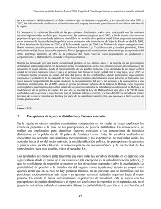 Panorama social de América Latina 2009. Capítulo I. Versión preliminar no sometida a revisión editorial


no a su renuncia. Adicionalmente, se debe considerar que en términos comparados, y exceptuando los años 2001 y
2002, los indicadores de confianza en las instituciones en Uruguay han estado generalmente en los valores más altos de
la región.

En Venezuela, la evolución favorable de las percepciones distributivas podría estar relacionada con las misiones
sociales implementadas en dicho país. En particular, las misiones surgieron en el 2003, a fin de atender a los sectores
populares del país en áreas donde existieran altos déficit de atención de la política social. Estos programas aparecieron
en un momento de fuerte polarización política cuyos momentos más duros fueron el Golpe de Estado en abril de 2002,
el Paro Petrolero de diciembre de 2002 y el Referendo de agosto de 2004. Las Misiones de mayor envergadura son:
Barrio Adentro (atención primaria en salud); Misiones Robinson I y II (alfabetización y estudios primarios), Ribas
(educación media), Sucre (educación superior), Mercal (programa de abastecimiento alimentario que en septiembre del
2008, distribuyó alimentos al 48% de la población del país); Vuelvan Caras (capacitación en producción y
cooperativismo) y Hábitat (tierra, vivienda y proyectos urbanos).

Bolivia ha atravesado por una fuerte inestabilidad política en los últimos años, y la mejoría en las percepciones
distributivas podría relacionarse con la atención de las reivindicaciones de los movimientos sociales de campesinos y de
residentes en zonas urbanas, donde el reconocimiento de los pueblos indígenas y las demandas de un mayor control
estatal de recursos naturales como el gas y el petróleo han tenido un lugar central. Sin ir muy lejos, en el 2005 se
verificaron fuertes protestas en contra del alza del precio de los combustibles, donde participaron especialmente
campesinos y pobladores de la ciudad de El Alto. Estos movimientos desembocaron en un gobierno de transición, que
logró aquietar temporalmente las aguas mediante la nacionalización del gas y del petróleo y la convocatoria a una
Asamblea Constituyente. En el 2006, asume el primer presidente indígena de la historia de Bolivia, cuyo programa
contemplaba la recuperación del control estatal de los recursos naturales, la refundación constitucional de Bolivia y la
modificación de la política de tierras. En ese año se decreta la Ley de Hidrocarburos que deja a la YPFB como
controladora de los precios y la producción para el mercado interno y externo, y a fines del 2007 se aprueba un primer
borrador de la nueva Constitución Política por parte de la Asamblea Constituyente, que reconoce a Bolivia como un
Estado plurinacional.

-------
Fuente: CEPAL.


2.        Percepciones de injusticia distributiva y factores asociados

En la región no existen estudios cuantitativos comparados en los cuales se hayan explorado las
creencias populares a la base de las percepciones de justicia distributiva. En consecuencia, se
realizó una exploración para identificar factores asociados a las percepciones de injusticia
distributiva en la población de 18 países de América Latina. Entre las variables analizadas se
encuentran las actitudes individualistas-meritocráticas y las expectativas de movilidad social, las
actitudes hacia el rol del sector privado, la autoidentificación política, las percepciones de garantías
y protecciones sociales básicas, la auto-categorización socioeconómica y la escolaridad de los
entrevistados (para más detalles, véase el recuadro I.8).

Los resultados del modelo enter muestran que casi todas las variables incluidas en el ejercicio son
significativas desde el punto de vista estadístico (la excepción es la autoidentificación política), y
que los coeficientes de regresión se mueven en las direcciones esperadas (salvo la escolaridad). La
probabilidad de percibir a la distribución del ingreso como injusta/muy injusta es mayor entre
quienes creen que en su país no hay garantías básicas, en las personas que se identifican con las
posiciones socioeconómicas más bajas y en quienes sustentan actitudes negativas hacia el sector
privado. En cuanto al factor individualismo/ expectativas de movilidad, éste se asocia con las
percepciones de justicia distributiva y el signo del coeficiente de regresión es el esperado; así, en el
grupo de individuos individualistas-meritocráticos, la probabilidad de percibir a la distribución del


                                                          45
 