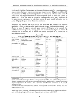 Capítulo II: Dinámica del gasto social, las transferencias monetarias y los programas de transferencias…


Siguiendo la clasificación elaborada por Mostajo (2000), que clasifica a los países en tres
grupos según el esfuerzo macroeconómico que hacen respecto del gasto social (medido
en porcentaje del PIB), se aprecia en particular un aumento del esfuerzo de los países de
gasto social bajo desde comienzos de la década pasada hasta el 2006-2007 (véase los
cuadros II.1 y II.2).2 Sin embargo, pese a los avances de los países que a comienzos de
los años noventa registraban los más bajos niveles de gasto social, la brechas con los
países del grupo de gasto social alto se han mantenido.

Asimismo, no obstante los esfuerzos de los gobiernos por aumentar los recursos
destinados a fines sociales, el gasto social continúa siendo insuficiente en montos y no
alcanza a tener el impacto necesario para mejorar el bienestar y la equidad. Hay
debilidades en su asignación y usos y, junto con los importantes logros en materia de
cobertura de los mismos, no ha habido un avance suficiente en la calidad de los
beneficios que provee.
                                    Cuadro II.1
             EVOLUCIÓN DEL GASTO PÚBLICO SOCIAL (GPS), 1985/1990-2006/2007
Clasificación       GPS período post reforma   Período actual       GPS                  GPS per cápita
según prioridad     (1985-1990)                2006-2007            2006-2007            2006-2007
macro               (en porcentaje del PIB)                                              (US$2000)
Gasto social alto   Argentina                  Argentina            22,1                 2.002
(mayor que 13%)     Chile                      Estado
                    Costa Rica                 Plurinacional de
                                               Bolivia              16,2                 178
                                               Brasil               24,4                 1.019
                                               Colombia             14,3                 411
                                               Costa Rica           17,2                 855
                                               Cuba                 34,5                 1.395
                                               Uruguay              21,2                 1.542
                                               Rep. Bolivariana
                                               de Venezuela         13,4                 722
Promedio grupo      16,8                                            20,4                 1.015
Gasto social        Brasil                     Chile                12,2                 733
medio (entre 9 y    Colombia                   El Salvador          11,3                 291
13%)                Jamaica                    Honduras             11,4                 156
                                               México               11,2                 782
                                               Nicaragua            11,4                 100
                                               Panamá               9,3                  460
                                               Paraguay             11,3                 162
Promedio grupo      10,8                                            11,1                 383
Gasto social bajo   Estado Plurinacional de    Jamaica              8,6                  309
(menor que 9%)      Bolivia                    Ecuador              6,4                  104
                    México                     Guatemala            7,5                  124
                    Perú                       Perú                 8,2                  214
                                               Rep. Dominicana      8,0                  276
                                               Trinidad y Tobago
                                                                    8,7                  904
Promedio grupo      5,9                                             7,9                  322
Fuente: Comisión Económica para América Latina y el Caribe (CEPAL), base de datos sobre gasto social y
Mostajo, Rossana (2000), Gasto social y distribución del ingreso: caracterización e impacto redistributivo
en países seleccionados de América Latina y el Caribe, Serie Reformas económicas, no 69, CEPAL,
Santiago de Chile.
Notas: Se clasifican las cifras actualizadas de los 21 países siguiendo los criterios de R. Mostajo, en el caso
de gasto social por PIB.

2
 Entre ellos, destaca el esfuerzo hecho por el Estado Plurinacional de Bolivia, que ha pasado del grupo de
gasto social bajo a principios de los noventa al grupo de gasto social alto en 2006-2007.


                                                      8
 