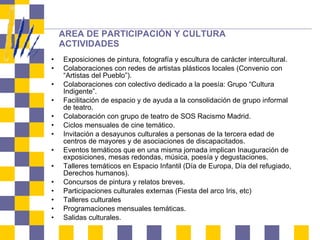 AREA DE PARTICIPACIÓN Y CULTURA ACTIVIDADES Exposiciones de pintura, fotografía y escultura de carácter intercultural. Colaboraciones con redes de artistas plásticos locales (Convenio con “Artistas del Pueblo”). Colaboraciones con colectivo dedicado a la poesía: Grupo “Cultura Indigente”. Facilitación de espacio y de ayuda a la consolidación de grupo informal de teatro. Colaboración con grupo de teatro de SOS Racismo Madrid. Ciclos mensuales de cine temático. Invitación a desayunos culturales a personas de la tercera edad de centros de mayores y de asociaciones de discapacitados. Eventos temáticos que en una misma jornada implican Inauguración de exposiciones, mesas redondas, música, poesía y degustaciones. Talleres temáticos en Espacio Infantil (Día de Europa, Día del refugiado, Derechos humanos). Concursos de pintura y relatos breves. Participaciones culturales externas (Fiesta del arco Iris, etc) Talleres culturales  Programaciones mensuales temáticas. Salidas culturales. 
