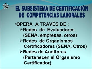 OPERA  A TRAVÉS DE : Redes  de  Evaluadores (SENA, empresas, otros) Redes  de Organismos  Certificadores (SENA, Otros) Redes de Auditores (Pertenecen al Organismo Certificador) EL SUBSISTEMA DE CERTIFICACIÓN  DE  COMPETENCIAS LABORALES 
