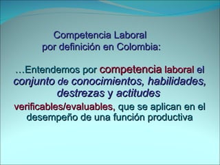 … Entendemos por  competencia  laboral   el  conjunto  de  conocimientos, habilidades, destrezas  y  actitudes   verificables/evaluables,  que se aplican en el desempeño de una función productiva Competencia Laboral  por definición en Colombia: 