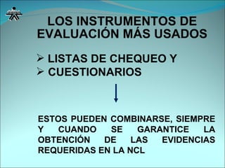LISTAS DE CHEQUEO Y  CUESTIONARIOS ESTOS PUEDEN COMBINARSE, SIEMPRE Y CUANDO SE GARANTICE LA OBTENCIÓN DE LAS EVIDENCIAS REQUERIDAS EN LA NCL LOS INSTRUMENTOS DE EVALUACIÓN MÁS USADOS 
