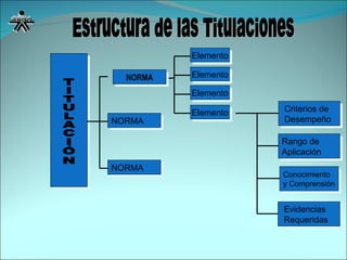 Estructura de las Titulaciones TITULACIÓN Elemento NORMA NORMA Elemento Elemento Elemento Rango de  Aplicación Conocimiento y Comprensión Evidencias  Requeridas  Criterios de  Desempeño  NORMA 