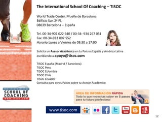The International School Of Coaching – TISOC

World Trade Center. Muelle de Barcelona.
Edificio Sur. 2ª Pl.
08039 Barcelona – España

Tel. 00-34-902 022 540 / 00-34- 934 267 051
Fax: 00-34-933 807 552
Horario Lunes a Viernes de 09:30 a 17:00

Solicita un Asesor Académico en tu País en España y América Latina
escribiendo a apoyo@tisoc.com

TISOC España (Madrid / Barcelona)
TISOC Peru
TISOC Colombia
TISOC Chile
TISOC Ecuador
Consulta para otros Países sobre tu Asesor Académico




         www.tisoc.com
                                                                     12
 