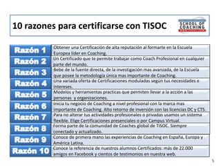 10 razones para certificarse con TISOC

          Obtener una Certificación de alta reputación al formarte en la Escuela
          Europea líder en Coaching.
          Un Certificado que te permite trabajar como Coach Profesional en cualquier
          parte del mundo.
          Bebe de la fuente directa, de la investigación mas avanzada, de la Escuela
          que posee la metodología única mas importante de Coaching.
          Una variada oferta de Certificaciones moduladas según tus necesidades e
          intereses.
          Modelos y herramientas practicas que permiten llevar a la acción a las
          personas y organizaciones.
          Inicia tu negocio de Coaching a nivel profesional con la marca mas
          importante de Coaching. Alto retorno de inversión con las licencias DC y CTS.
          Para no alterar tus actividades profesionales o privadas usamos un sistema
          flexible. Elige Certificaciones presenciales o por Campus Virtual.
          Forma parte de la comunidad de Coaches global de TISOC. Siempre
          conectado y actualizado.
          Conoce de primera mano las experiencias de Coaching en España, Europa y
          América Latina.
          Conoce la referencia de nuestros alumnos Certificados: más de 22.000
          amigos en Facebook y cientos de testimonios en nuestra web.
                                                                                          5
 