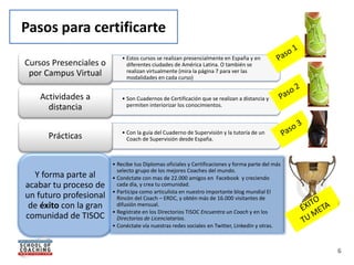 Pasos para certificarte
                            • Estos cursos se realizan presencialmente en España y en
Cursos Presenciales o         diferentes ciudades de América Latina. O también se
 por Campus Virtual           realizan virtualmente (mira la página 7 para ver las
                              modalidades en cada curso)


    Actividades a           • Son Cuadernos de Certificación que se realizan a distancia y
      distancia               permiten interiorizar los conocimientos.



                            • Con la guía del Cuaderno de Supervisión y la tutoría de un
      Prácticas               Coach de Supervisión desde España.



                        • Recibe tus Diplomas oficiales y Certificaciones y forma parte del más
                          selecto grupo de los mejores Coaches del mundo.
  Y forma parte al      • Conéctate con mas de 22.000 amigos en Facebook y creciendo
acabar tu proceso de      cada día, y crea tu comunidad.
                        • Participa como articulista en nuestro importante blog mundial El
un futuro profesional     Rincón del Coach – ERDC, y obtén más de 16.000 visitantes de
 de éxito con la gran     difusión mensual.
                        • Regístrate en los Directorios TISOC Encuentra un Coach y en los
comunidad de TISOC        Directorios de Licenciatarios.
                        • Conéctate vía nuestras redes sociales en Twitter, Linkedin y otras.



                                                                                                  6
 