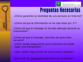 ¿Cómo sé que el mensaje  proviene de quien dice enviarlo? ¿Cómo sé que el mensaje no ha sido alterado durante su transmisión? ¿Cómo sé que la información no ha sido leída por 3 os ? ¿Cómo garantizo la identidad de una persona en Internet? ¿Cómo puedo asegurarme que la persona no pueda negar una transacción? ¿Qué validez legal tienen los documentos digitales? ¿Qué nivel de  confianza  puedo tener en el sistema? Preguntas Necesarias Preguntas Necesarias 