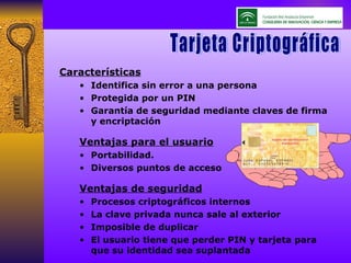 Características Identifica sin error a una persona Protegida por un PIN Garantía de seguridad mediante claves de firma y encriptación Ventajas para el usuario Portabilidad. Diversos puntos de acceso Ventajas de seguridad Procesos criptográficos internos La clave privada nunca sale al exterior Imposible de duplicar El usuario tiene que perder PIN y tarjeta para que su identidad sea suplantada Tarjeta Criptográfica 
