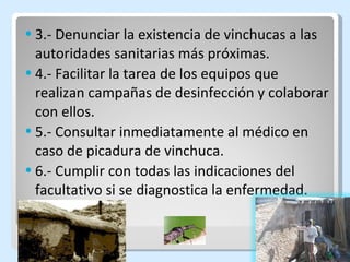 3.- Denunciar la existencia de vinchucas a las autoridades sanitarias más próximas. 4.- Facilitar la tarea de los equipos que realizan campañas de desinfección y colaborar con ellos. 5.- Consultar inmediatamente al médico en caso de picadura de vinchuca. 6.- Cumplir con todas las indicaciones del facultativo si se diagnostica la enfermedad. 