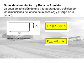 Dmáx de alimentación . y Boca de Admisión.
La boca de admisión de una trituradora queda definida por
las dimensiones del ancho de la boca (A) y el largo de la
boca (L
la entrada de fragmentos
 