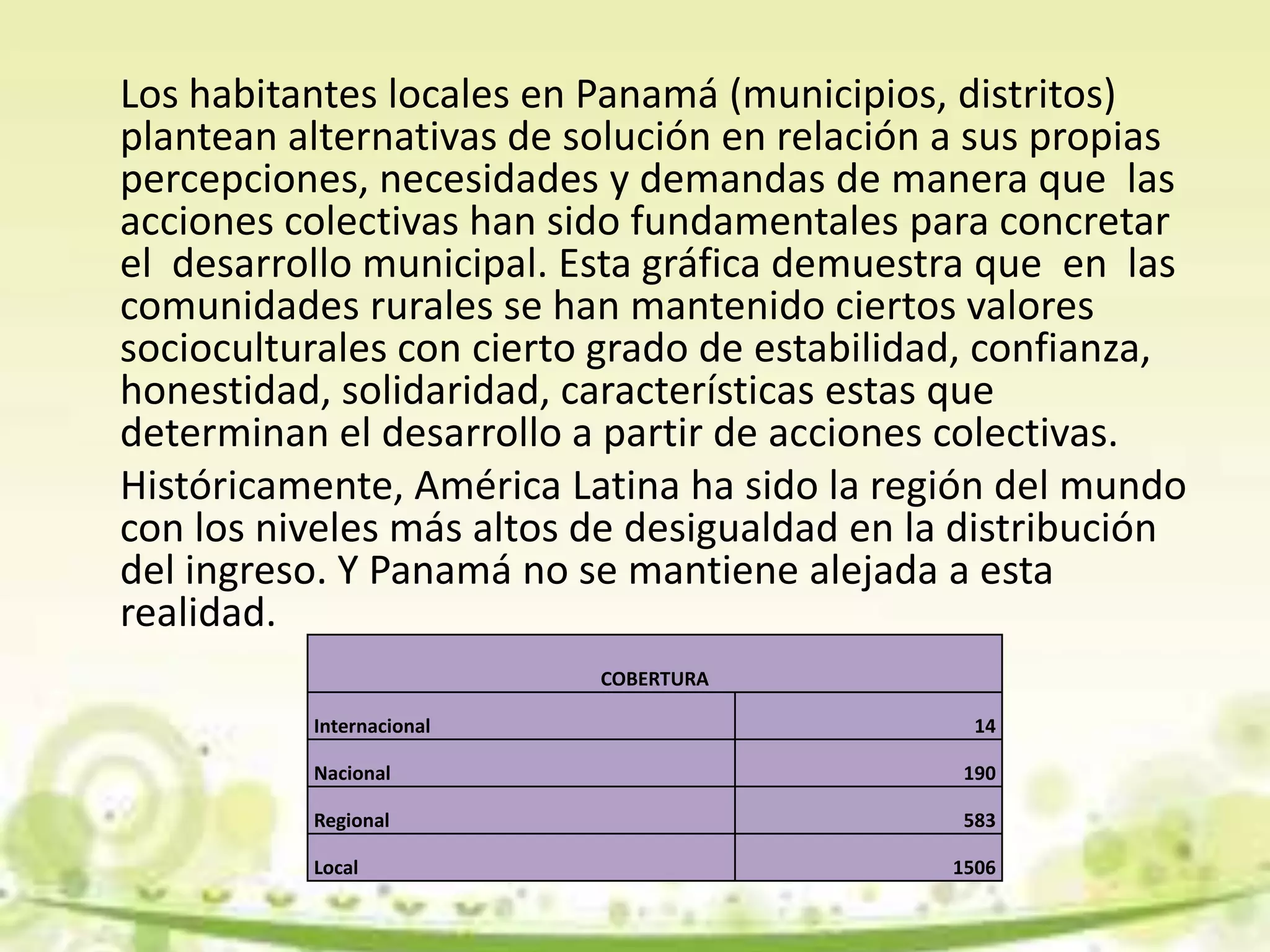 Los habitantes locales en Panamá (municipios, distritos)
plantean alternativas de solución en relación a sus propias
percepciones, necesidades y demandas de manera que las
acciones colectivas han sido fundamentales para concretar
el desarrollo municipal. Esta gráfica demuestra que en las
comunidades rurales se han mantenido ciertos valores
socioculturales con cierto grado de estabilidad, confianza,
honestidad, solidaridad, características estas que
determinan el desarrollo a partir de acciones colectivas.
Históricamente, América Latina ha sido la región del mundo
con los niveles más altos de desigualdad en la distribución
del ingreso. Y Panamá no se mantiene alejada a esta
realidad.
COBERTURA
Internacional 14
Nacional 190
Regional 583
Local 1506
 