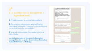 2-3. Asistencia en búsquedas +
Agendamiento
1. El lead ingresa a la web de la inmobiliaria
2. Conversa con el asistente, quien deﬁne los
criterios de búsqueda y muestra los inmuebles que
hacen match con las necesidades.
3. Una vez seleccionado el inmueble le invita a
hacer la cita.
Los leads se envían en tiempo real al ejecutivo
encargado o dan la opción de contactar al ejecutivo
mediante llamada o whatsapp.
 