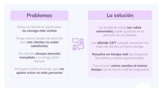 Problemas
Estoy invirtiendo en pauta pero
no consigo más ventas
Tengo varios canales de atención
pero mis clientes no están
satisfechos
Mis clientes desean atención
inmediata y no tengo cómo
hacerlo
Mi negocio está creciendo, pero no
quiero crecer en más personas
La solución
Un asistente virtual (un robot
entrenado) puede ayudarte en la
atención de tus clientes.
Los atiende 24/7 y puede conversar con
miles de clientes al mismo tiempo.
Resuelve en tiempo real las preguntas
frecuentes y temas especializados.
Funciona en varios canales al mismo
tiempo con el mismo nivel de respuestas
 