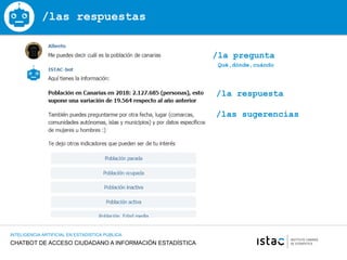 CHATBOT DE ACCESO CIUDADANO A INFORMACIÓN ESTADÍSTICA
INTELIGENCIA ARTIFICIAL EN ESTADISTICA PUBLICA
/las respuestas
/la pregunta
/la respuesta
/las sugerencias
Qué,dónde,cuándo
 