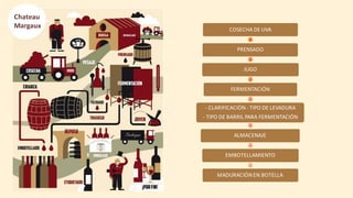 COSECHA	DE	UVA
PRENSADO
JUGO
FERMENTACIÓN
- CLARIFICACIÓN	- TIPO	DE	LEVADURA	
- TIPO	DE	BARRIL	PARA	FERMENTACIÓN
ALMACENAJE
EMBOTELLAMIENTO
MADURACIÓN	EN	BOTELLA
Chateau
Margaux
 