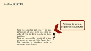 Amenaza	de	ingreso
de	productos	sustitutos
Análisis PORTER
• Para los amantes del vino y los que
consideran al vino como un estilo de
vida, el vino de 1era cosecha no tiene
sustituto.
• Para un consumidor ocasional o que
consume un vino de 2da, 3era, 4ta y
5ta cosecha el sustituto seria la
cerveza y otros licores.
 