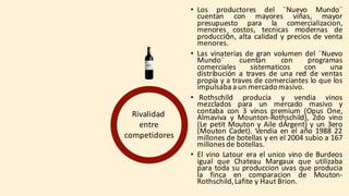 • Los productores del ¨Nuevo Mundo¨
cuentan con mayores viñas, mayor
presupuesto para la comercializacion,
menores costos, tecnicas modernas de
producción, alta calidad y precios de venta
menores.
• Las vinaterias de gran volumen del ¨Nuevo
Mundo¨ cuentan con programas
comerciales sistematicos con una
distribución a traves de una red de ventas
propia y a traves de comerciantes lo que los
impulsaba a un mercado masivo.
• Rothschild producia y vendia vinos
mezclados para un mercado masivo y
contaba con 3 vinos premium (Opus One,
Almaviva y Mounton-Rothschild), 2do vino
(Le petit Mouton y Aile dÁrgent) y un 3ero
(Mouton Cadet). Vendia en el año 1988 22
millones de botellas y en el 2004 subio a 167
millones de botellas.
• El vino Latour era el unico vino de Burdeos
igual que Chateau Margaux que utilizaba
para toda su produccion uvas que producia
la finca en comparacion de Mouton-
Rothschild,Lafite y Haut Brion.
Rivalidad	
entre
competidores
 