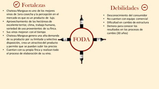 FODA
Fortalezas
• Chateau	Margaux	es	uno	de	los	mejores	
vinos	de	1era	cosecha	y	la	percepción en	el	
mercado	es	que	es	un	producto	de	 lujo.
• Aprovechamiento	de	las	hectáreas	de	
excelente	terrior,	clima,	trabajo	humano,	
variedad	de	uva	provenientes	de	su	finca.
• Sus	vinos	mejoran	con	el	tiempo
• Chateau	Margaux	genera	una	alta	demanda	
de	su	producto	por	su	limitada	y	selectiva	
disposición,	 crea	un	atractivo	del	producto	
y	permite	que	se	puedan	subir	los	precios
• Cuentan con	su	propia	finca	y	realizan	todo	
el	proceso	de	elaboración	de	su	vino.
✔
Debilidades
• Desconocimiento	del	consumidor
• No	cuentan	con	equipo	 comercial
• Dificultad	en	cambio	de	estructura
• Demora	para	conocer	los	
resultados	en	los	procesos	de	
cambio	(30	años)
 