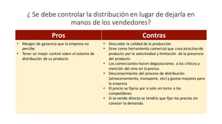¿	Se	debe	controlar	la	distribución	en	lugar	de	dejarla	en	
manos	de	los	vendedores?
Pros	 Contras	
• Margen	de	ganancia	que	la	empresa	no	
percibe	
• Tener	un	mejor	control	sobre	el	sistema	de	
distribución	 de	su	producto
• Descuidar	la	calidad	de	la	producción
• Sirve	como	herramienta	comercial	que	crea	atractivo	de	
producto	por	la	selectividad	y	limitación de	la	presencia	
del	producto
• Los	comerciantes	hacen	degustaciones		a	los	críticos	y	
mención	del	vino	en	la	prensa	
• Desconocimiento	del	proceso	de	distribución
(almacenamiento,	transporte,	etc)	y	gastos	mayores	para	
la	empresa
• El	precio	se	fijaría	por	si	solo	en	torno	a	los	
competidores
• Si	se	vende	directo	se	tendría	que	fijar	los	precios	sin	
conocer	la	demanda.	
 
