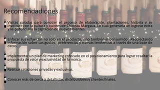 • Visitas guiadas para conocer el proceso de elaboración, plantaciones, historia y se
involcure con la cultura y valores de Chateau Margaux. Lo cual generaría un ingreso extra
y se potenciaría la captación de nuevos clientes.
• Enfocar sus esfuerzos no solo en el producto, sino también el consumidor. Recolectando
información sobre sus gustos, preferencias y nuevas tendencias a través de una base de
datos.
• Implementar un plan de marketing enfocado en el posicionamiento para lograr resaltar la
propuestade valor y exclusividad de la marca.
• Realizar cataciones privadas y exclusivas.
• Conocer más de cerca a detallistas, distribuidoresy clientes finales.
Recomendadiones
 