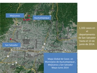 Mapa Global de Casos en
Municipios de Ayutuxtepeque ,
Mejicanos y San Salvador
Mayo-Junio 2014
1,102 casos en
el
departamento
de San Salvador
hasta el 13 de
junio de 2014.
Ayutuxtepeque
Mejicanos
San Salvador
 