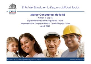El Rol del Estado en la Responsabilidad Social

         Marco Conceptual de la RS
                 Adrien K. Lopez
      Superintendencia de Seguridad Social
Representante Grupo Gobierno Comité Espejo Chile
                   Abril, 2010
 