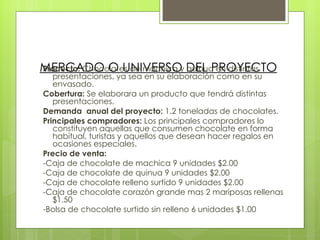 MERCADO O UNIVERSO DEL PROYECTO Producto:  Chocolates de machica y quinua en distintas presentaciones, ya sea en su elaboración como en su envasado. Cobertura:  Se elaborara un producto que tendrá distintas presentaciones. Demanda  anual del proyecto:  1.2 toneladas de chocolates. Principales compradores:  Los principales compradores lo constituyen aquellas que consumen chocolate en forma habitual, turistas y aquellos que desean hacer regalos en ocasiones especiales. Precio de venta:  -Caja de chocolate de machica 9 unidades $2.00 -Caja de chocolate de quinua 9 unidades $2.00 -Caja de chocolate relleno surtido 9 unidades $2.00 -Caja de chocolate corazón grande mas 2 mariposas rellenas $1.50 -Bolsa de chocolate surtido sin relleno 6 unidades $1.00 