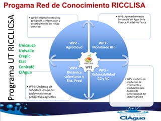 Progama Red de Conocimiento RICCLISA
• WP5: modelos de
predicción de
crecimiento y
producción para
Análisis de
vulnerabilidad del
Sector Agrícola
•WP4: Dinámica de
coberturas y uso del
suelo en sistemas
productivos agrícolas
• WP3: Aprovechamiento
Sostenible del Agua En la
Cuenca Alta del Rio Cauca
• WP2: Fortalecimiento de la
gestión de la información y
el conocimiento del riesgo
climático
WP2 -
AgroCloud
WP3 -
Monitoreo RH
WP5 -
Vulnerabilidad
CC y VC
WP4 -
Dinámica
coberturas y
Sist. Prod
WP1
Programa
UT
RICCLICSA
Unicauca
Univalle
Crepic
Ciat
Cenicafé
CIAgua
 
