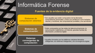 Informática Forense
• Son aquellos que están compuestos de las llamadas
computadoras personales y todos sus periféricos como teclados,
ratones y monitores, las computadoras portátiles y los servidores.
Sistemas de
computación abiertos:
• Están compuestos por las redes de telecomunicaciones, la
comunicación inalámbrica y el Internet, grandes fuentes de
información y evidencia digital.
Sistemas de
comunicación:
• Aquellos formados por los teléfonos celulares llamados
inteligentes, los sistemas inteligentes y de convergencia digital.
Sistemas
convergentes de
computación:
Fuentes de la evidencia digital
 