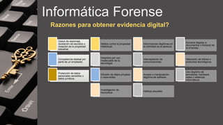 Informática Forense
Razones para obtener evidencia digital?
Casos de espionaje,
revelación de secretos o
violación de la propiedad
industrial.
Delitos contra la propiedad
intelectual.
Intromisiones ilegítimas en
la intimidad de la persona.
Accesos ilegales a
documentos o ficheros de
la empresa.
Competencia desleal por
parte de un empleado.
Despidos por uso
inadecuado de la
tecnología.
Interceptación de
comunicaciones.
Valoración de bienes o
productos tecnológicos.
Protección de datos
personales sensibles o
datos jurídicos.
Difusión de datos privados
o reservados.
Acceso o manipulación
ilegítima de software.
Uso ilegítimo de
servidores, hardware,
redes o sistemas
informáticos.
Investigación de
homicidios
Hábitos sexuales
 