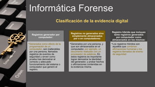 Informática Forense
Clasificación de la evidencia digital
Registros generador por
computador:
•Generados como efecto de la
programación de un
computador, son inalterables
por una persona, llamados
registros de eventos de
seguridad y sirven como
prueba tras demostrar el
correcto y adecuado
funcionamiento del sistema o
computador que generó el
registro.
Registros no generados sino
simplemente almacenados
por o en computadores:
•Generados por una persona, y
que son almacenados en el
computador, por ejemplo, un
documento realizado con un
procesador de palabras. En
estos registros es importante
lograr demostrar la identidad
del generador, y probar hechos
o afirmaciones contenidas en
la evidencia misma.
Registro híbrido que incluyan
tanto registros generados
por computador como
almacenados en los mismos:
•Los registros híbridos son
aquellos que combinan
afirmaciones humanas y los
registros llamados de evento
de seguridad
 