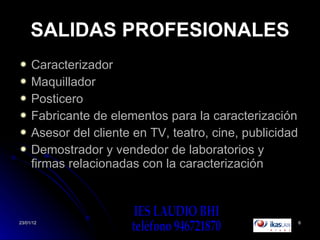 SALIDAS PROFESIONALES Caracterizador Maquillador Posticero Fabricante de elementos para la caracterización Asesor del cliente en TV, teatro, cine, publicidad Demostrador y vendedor de laboratorios y firmas relacionadas con la caracterización IES LAUDIO BHI teléfono 946721870 