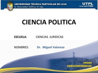 CIENCIA POLITICA ESCUELA :  CIENCIAS  JURIDICAS NOMBRES: Dr.  Miguel Valarezo 