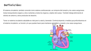 Definición:
El sistema circulatorio, también conocido como sistema cardiovascular, se compone del corazón y los vasos sanguíneos.
Actúa transportando oxígeno y otros nutrientes a todos los órganos y tejidos del cuerpo. También trabaja eliminando el
dióxido de carbono y otros productos de desecho.
Tener un sistema circulatorio saludable es vital para tu salud y bienestar. Continúa leyendo a medida que profundizamos en
el sistema circulatorio, su función y lo que puedes hacer para mantener saludable tu corazón y tus vasos sanguíneos.
 